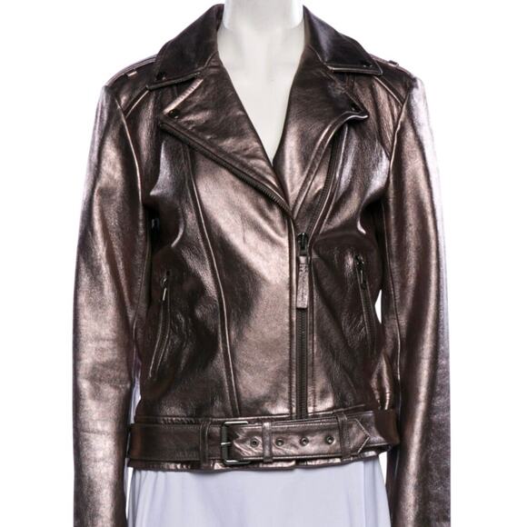 Mackage x Aritzia Metallic Gray Lamb Leather Moto Biker Jacket Small Chic Edgy - Picture 3 of 16